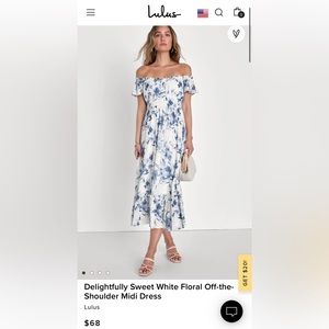 Lulus Delightfully Sweet white floral off shoulder midi dress, size L
